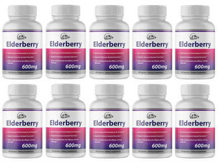 Elderberry Capsules 600mg Immune System Support - 10 Bottles 600 Capsules