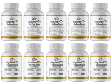 Ginkgo Biloba+Red Panax Ginseng Premium Green Superfood -10 Bottles 600 Capsules